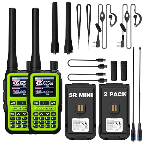 2Pack BAOFENG UV-5R Mini Walkie Talkie BF-5R Mini Two Way Radio Bluetooth Power Adjustable Tiny Size Type-C Four Colors Frequency Copy 999 Channels with 771 Antenna and Earphone (Green)