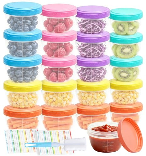 Mispudin 20 Petit Pot Conservation avec Graduée, 120ml Hermétique Petits Boite Plastique Alimentaire avec Couvercles, Autocollants, Pinceaux, Mini Boite Conservation pour Sauces, Joghurt (6 Couleurs)