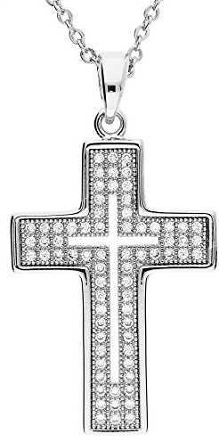 Löb 18K Weißgold vergoldet Zirkonia Kette Kreuz Anhänger Kreuzkette silber Damen Halskette Glitzer Strass Steine Kreuzanhänger Kommunion Konfirmation