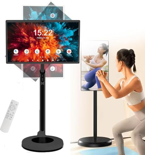 Portable Rolling TV Stand with 4K Camera, Smart Mobile Tablet Stand, Built-in Battery, Adjustable Height, Wireless Screen Mirroring, 8GB RAM, 128GB Storage