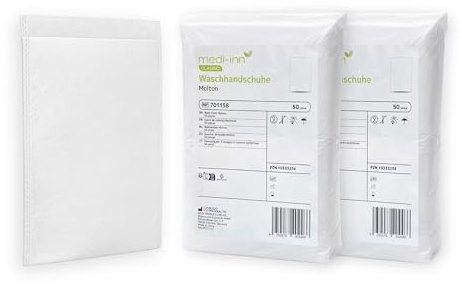 Medi-Inn+ Einmal-Waschhandschuhe Molton weiß, 2 x 50 Stück – 75 g/m², 22 x 15 cm, latexfrei, für Pflege & Babypflege