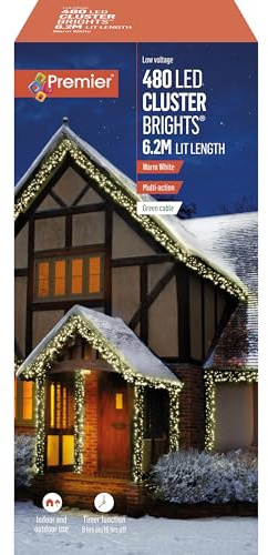 Premier Decorations 480 Multi Action Indoor & Outdoor Christmas Cluster LED Lights with Timer - White