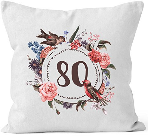 MoonWorks Kissen-Bezug Geburtstag 80 achtzig Geschenk-Kissen Blumen Blüten Blumenkranz Bordüre Kissen weiß Unisize