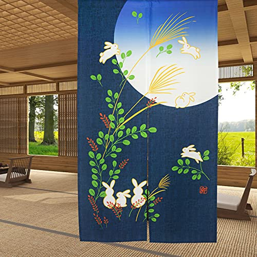LIGICKY Japanische Gardinen Noren Lang Vorhänge Türvorhang Tapisseri für die Heimtextilien Raumteiler, Blau 85 x 150 cm (Kaninchen unter Mond)