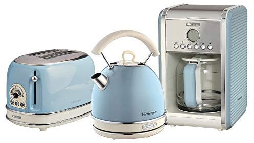 Ariete ARPK15 Retro Style Dome Kettle, 2 Slice Toaster and Filter Coffee Machine Set, Vintage Design, Blue