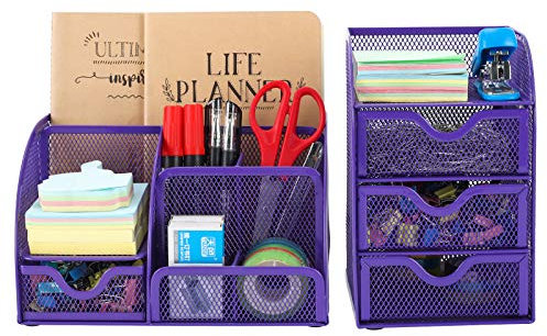 EasyPAG Office Mesh Desk Tidy 2 Piece Organiser Set - Versatile Desktop Stationery Holder and 3 Tier Small Drawer Storage,Purple