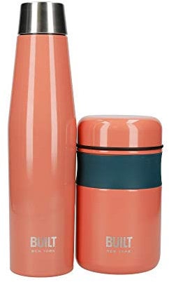 Built Perfect Seal Vacuum Insulated Water Bottle, Stainless Steel, 540 ml + Double Wall Vacuum Insulated Soup Flask for Hot and Cold Foods, Stainless Steel, Orange, 490 ml