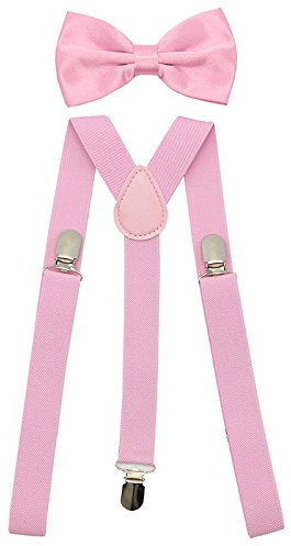 SUNTRADE Hosenträger für Herren und Damen, elastisch, Y-Form, verstellbar, mit Clips und Fliege Gr. Einheitsgröße (Rosa)