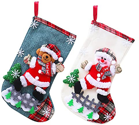 Mousyee Nikolausstrumpf, Nikolausstiefel Hängende Weihnachtsstrümpfe für Baumschmuck Weihnachtssockensack, Socke Geschenktüte Bonbonbeutel Tasche mit Plaid (Schneemann und Bär)