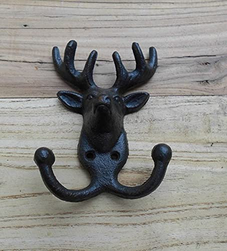 Deko-Impression Wandhaken Hirsch Hirschkopf Doppelhaken Garderobenhaken Gusseisen braun