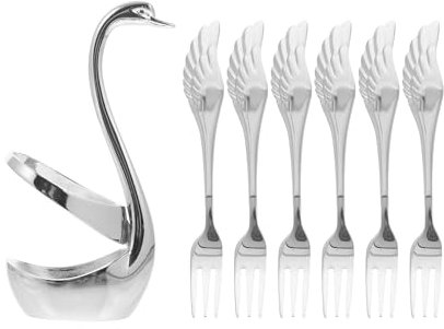 UPKOCH Silverware Holder with 6 Forks, Decorative Swan Base Utensil Holder for Countertop, Stainless Steel Dessert Forks Set