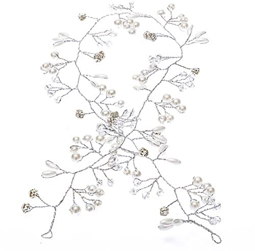 FlexiStore Perlen Haardraht 50 cm, Hochzeitsschmuck, Perlen Strass Brautschmuck, Perlenhaargirlande, Kopfschmuck, Haardraht, Haarband mit Strass und Perlen, Haarschmuck für Braut und Brautjungfern