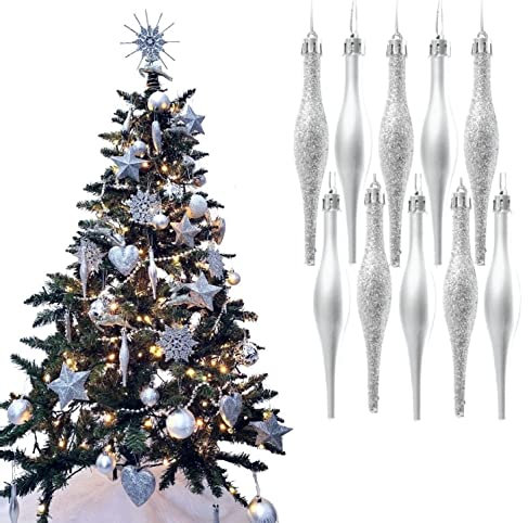 Simply Products 10 Tropfenkugeln – tolle Weihnachtsdeko, Weihnachtskugeln, matte & glitzernde Eiszapfenkugeln (Silber Glitzer & Matt)