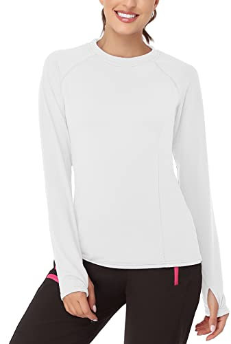 Soneven Thermal Base Layer Top Womens Long Sleeve T Shirts Running Shirt Lightweight Fleece Sports Top for Travel, Hiking, Camping, Skiing, Pure White M