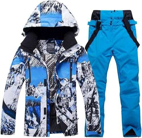 HOTIAN Herren Schneeanzug, Herren Ski Jacke und Hosen Set,Winter Warme Schnee Skifahren Sätze,für Wandern Klettern Isoliertes Snowboarden blue+blue L