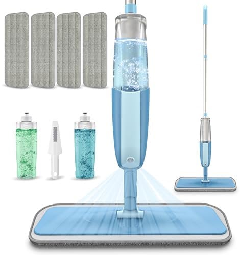 Microfibre Spray Mops for Floor Cleaning- MEXERRIS Floor Cleaning Mop With Spray 4 Microfiber washable Pads and 2 Reffilable Bottles Wet Dust Mop for Laminate Wood Vinyl Ceramic Hardwood
