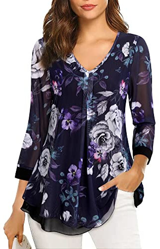 Gaharu Damen 3/4 Arm Bluse Elegante Abendbluse für Damen Curvy Floral Bunt Violett, XXL