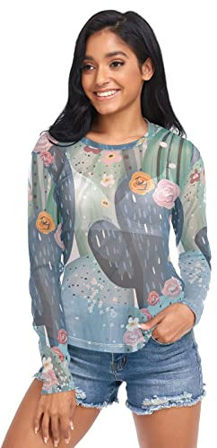 Anantty Damen Langarmshirt Tropischer Kaktus Long T-Shirt Langarm Top Rundkragen Oberteile Shirt Tunika Bluse Top