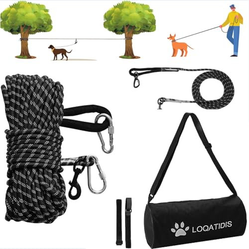 LOQATIDIS Câble d'attache pour Chien 3 en 1, 15m 30m Système de Trolley Portable, Laisse réfléchissante pour la Cour, Le Camping, l'entraînement et la Course, Sac de Grande capacité