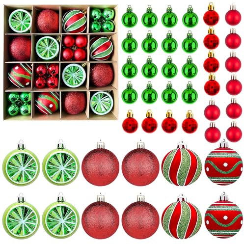 Weihnachtskugel Ornamente-44pcs Bruchsicherer Weihnachtsbaum-Dekorative hängende Ornamente mit Schleife für Weihnachtsfeier-Kranz-Home-Dekoration (Grün,Rot)