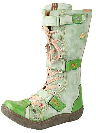 TMA EYES Botas de cuero con cordones a la moda para mujer Botas planas de pie ancho Botas de pantorrilla(Verde,40)