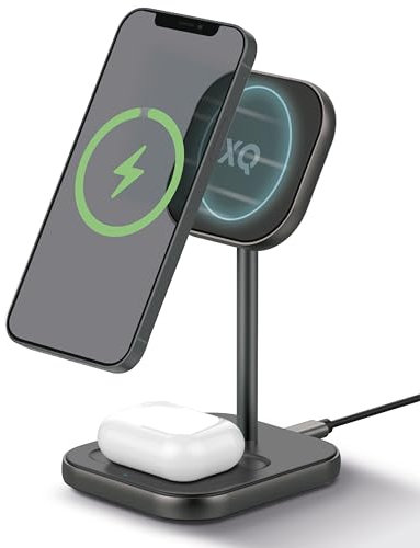 XQISIT Charging Station 2in1 | magnetische Ladestation für kabelloses Laden, Magsafe Compatible | u.A. für viele iPhone-, Samsung-, Google Pixel- & Huawei-Modelle | aus hochwertigem Aluminium, 20Watt
