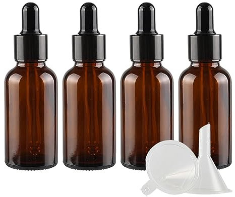 TIANZD 4 Pièces 30ml Flacons en Verre Marron avec Pipettes, 30 ml Bouteilles Compte-gouttes en Verre Vides avec Bouchon à Vis Noir Pour Les Huiles Essentielles Aromathérapie