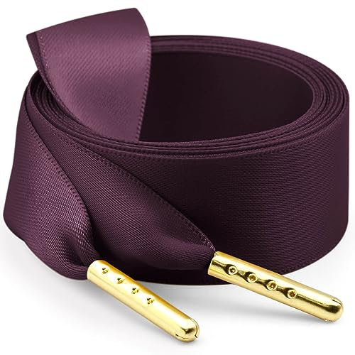 WEGOODZF Satin Ribbon Shoe Laces: 2.2CM Wide 100CM Long Burgundy Flat Silk Shoelaces with Golden Metal Tips for Women Girls 2 Pairs Replacement Shoelace for Trainers Boots