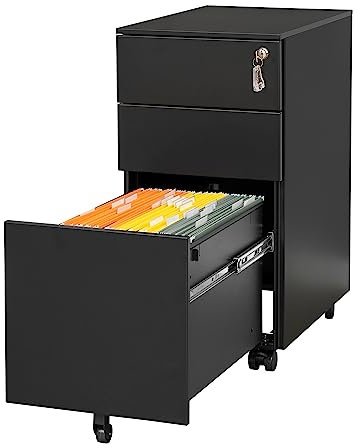 LVSTEEL Caisson de Bureau Metal,Caisson de Rangement Mobile,avec roulettes et Serrure,avec 3 tiroirs,Pré-assemblé,pour Documents et Dossier Suspendu,Travail,Bureau à Domicile
