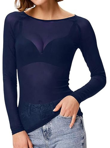 AnnSemo Mesh Long Sleeve Tops for Women Sheer See Through Blouse Stretchy Scoop Neck/High Neck Shirts Sexy Slim Fit Layering Lace Tops Going Out Basic Tees Clubwear for Party