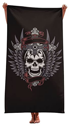 KnorRs Skull Stranddecke XXL Groß 100x200, Schwarz Mikrofaser Handtuch Strandtuch, Totenkopf Badetuch, Leichtes Strandtuch Für Reisen (Y6,80x160cm)