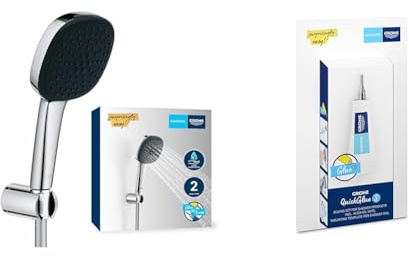 Grohe Vitalio 110 - Handbrauseset wassersparend ~8l/min + Kleber (2 Strahlarten, Standardanschluss, Silikonring schützt bei Stürzen, mit Brauseschlauch 150cm), eckig, chrom