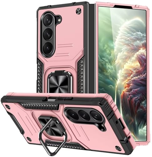 KANSi Hülle für Samsung Galaxy Z Fold 6, Silikon TPU Hart PC HandyHüllen 360 Grad Drehbar Ringhalter Bumper Stoßdämpfung Schutzhülle - Rosé Gold