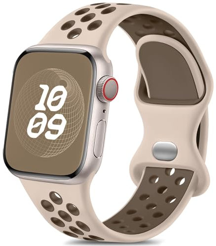 Epova Respirant Bracelet Compatible avec Apple Watch 42mm 44mm 45mm 49mm, Silicone de Remplacement Sport Bracelet Compatible avec iWatch SE Series 9 8 7 6 5 4 3 2 1,Rose/Brun, Petit