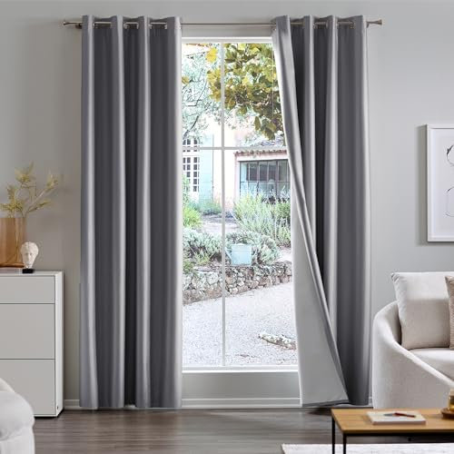 Como Gardinen 2er Set Vorhänge Grau Wildseidenoptik 245 x 140 cm - Blickdichte, verdunkelnde Ösenschals aus Polyester für Wohnzimmer, Kinderzimmer, Schlafzimmer, Büro