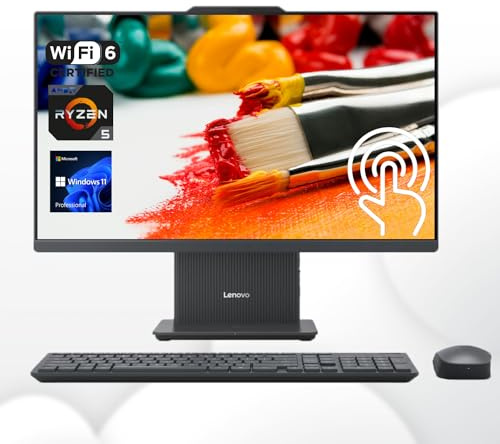 Lenovo 2024 IdeaCentre 27 Business All-in-One, FHD 100Hz Touchscreen, AMD Ryzen 5 7535HS, 16GB DDR5 RAM, 1TB SSD, Wireless KB & Mouse, Wireless Charging Base, RJ-45, Wi-Fi 6, Webcam, W11P, Grey
