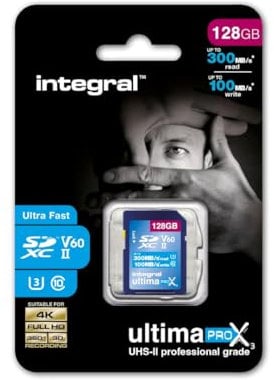 Integral 128GB UHS-II SD Card V60 Up to 300MBs Read and 100MBs Write Speed 1733X SDXC Professional High Speed Memory Card