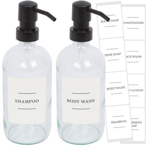 Harbour Housewares 2x Glass Soap Dispensers with Labels - 500ml - Clear/White - Bathroom Kitchen Shampoo Shower Gel Liquid Hand Wash Foam Pump Bottle