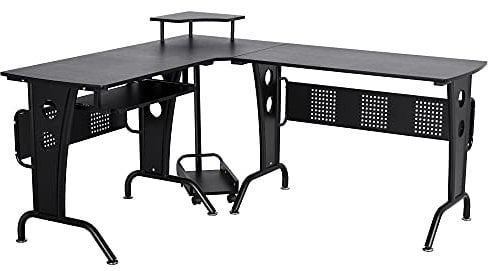 HOMCOM Scrivania Gaming per Casa o Ufficio, Angolare e Salvaspazio con Ripiano Tastiera Estraibile, 165x145x86.5cm, Nera
