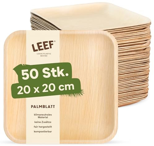 Leef Lot de 50 assiettes carrées en feuille de palmier - Vaisselle jetable compostable et naturelle - 20 x 20 cm