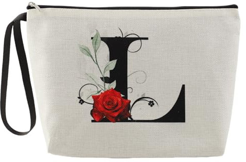 Blisswave Initiales A-Z Trousse de Toilette Femme Fille, Grande capacité, Imprimé Rose élégant et raffiné, Cadeau Personnalisé, Petite Trousse Maquillage, Pochette Maquillage (Beige)