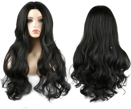 TMBMLPP 27,5 Zoll/70 cm Lange Gewellt Schwarz Perücke für Frauen Mädchen,Lange Lockige Schwarze Einstellbare Größe,Frauen Synthetisches Haar Perücke,Perücke Partei Perücke ür Party Cosplay (Schwarz)
