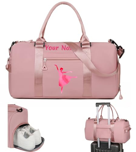 Personalizzata Borsa Palestra con Nome, Borsa da Viaggio Donna Uomini, Borsone Danza Bambina - con Tracolla & Sacchetti di Separazione Asciutti e Bagnati & Tasca per Le Scarpe - Rosa