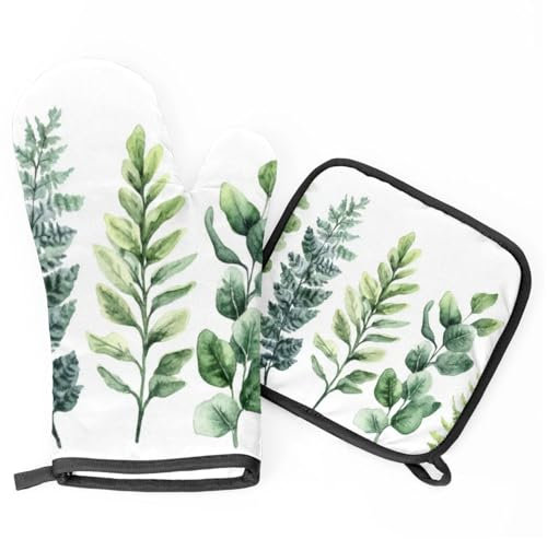 Mintoprints Sage Green Eucalyptus Oven Mitts and Pot Holders Set of 2, Spring Leaves Heat Resistant Oven Mitts Kitchen Oven Glove for Cooking, Baking
