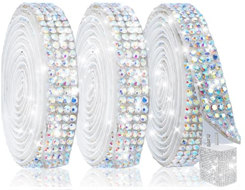 Sinbeon 3 Rollen strasssteine selbstklebendr, 2,7 Meter, selbstklebendes funkelndes Diamantband, DIY für Dekoration, Geburtstag, Geschenk (Farbe,10 mm,4 Row Strass)