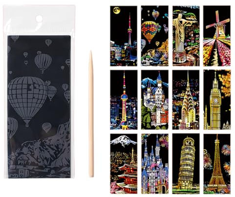 LONZIKP 12 Kratzbilder Beschichtete Bunte Kratzpapier Werkzeug Set Sehenswürdigkeiten Wandbild Fireworks City