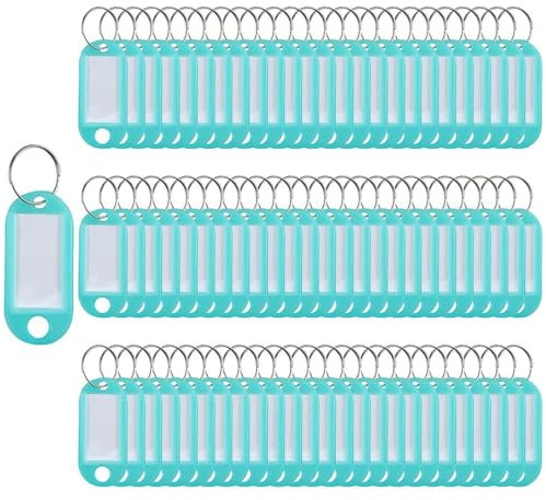 Lot de 100 étiquettes porte-clés en plastique avec anneau fendu, bleu clair