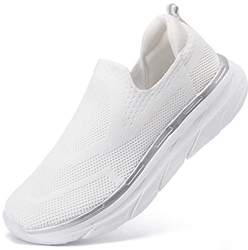 STQ Slip on Trainers Women Walking Orthopedic Shoes Memory Foam Sneakers Arch Support Mesh Tennis Lightweight Plantar Fascitis Whtie UK 6.5 White