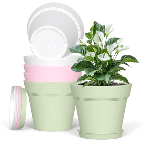 Plastic Plant Pots Indoor Outdoor, 6 Pack 5Inch/12.7CM Plant Pots Flower Pot with Drainage Holes and Tray,Modern Decorative Planter Pot for All House Plants(Colorful)