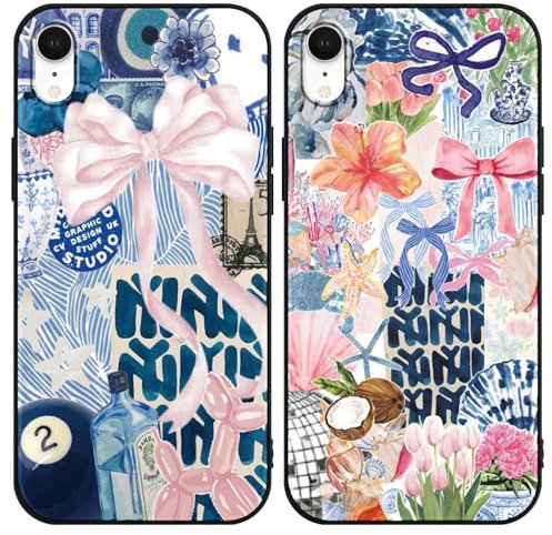 Phoona 2 Pack Cute Bow Case for iPhone XR 6.1, European Collage Preppy Summer Girly Design Pattern for Girls Women, Slim Soft Silicone Shockproof Bumper Protector Cover, Blue 01